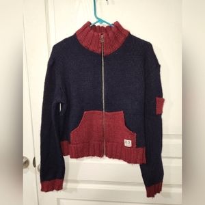 Vintage Levi's zip up sweater color is blue and burgandy.